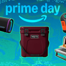 Jackery power station, Yeti cooler, Sony speaker, Stanley cup, and Ninja pizza oven with blue prime day composite background