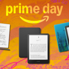 Amazon Kindle devices in front of an orange background