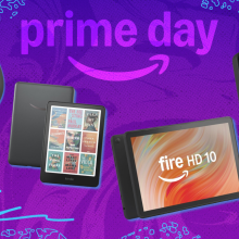 Amazon Echo Spot, Kindle Colorsoft, Fire tablet, and Blink doorbell with purple prime day composite background