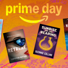 book covers for "Atmosphere," "Sunrise on the Reaping," "Retreat," and "The Crash" with orange prime day composite background