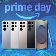 Five Samsung Galaxy S25 Ultra phones arranged on blue and green Prime Day themed backdrop