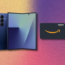 A photo composite of the new Samsung Galaxy Z Fold7 in blue, shown partially unfolded, next to an Amazon gift card on a stylized, textured background.