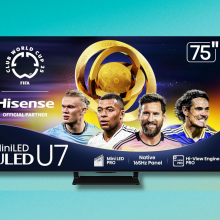 The Hisense U7 75-inch Mini-LED smart TV is shown against a teal background. The screen displays a promotional graphic for the FIFA Club World Cup featuring several soccer players.