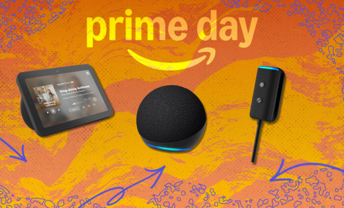 Echo devices in front of an orange background