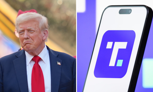 A composite of two images. On the left is U.S. President Donald Trump frowning. On the right is the Truth Social logo on smartphone.