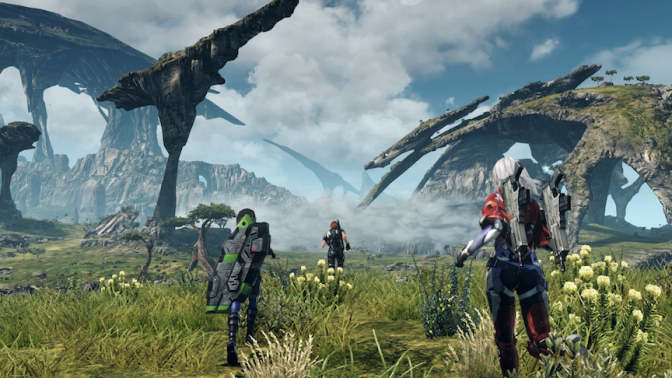 Characters running across an open field in Xenoblade Chronicles X