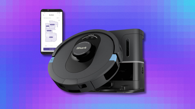Shark AI Ultra robot vacuum on blue, purple and pink abstract background