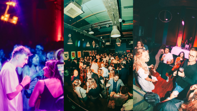 A composite of three images of BODA socials, showing lots of people standing in bars talking to each other. 