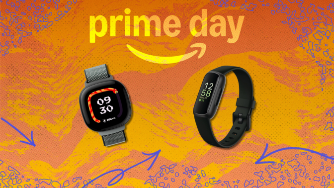 Fitbit fitness trackers in front of an orange background.