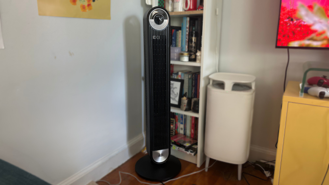 The Dreo tower fan in a living room