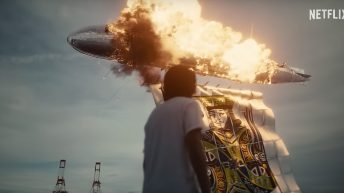 A blimp on fire in 'Alice in Borderland.'
