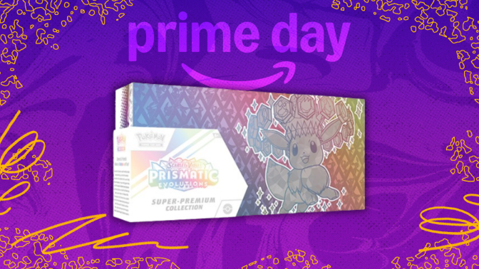 a box of pokemon cards beneath the prime day logo against a purple background