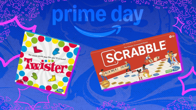 Scrabble and Twister board games with blue Prime Day 