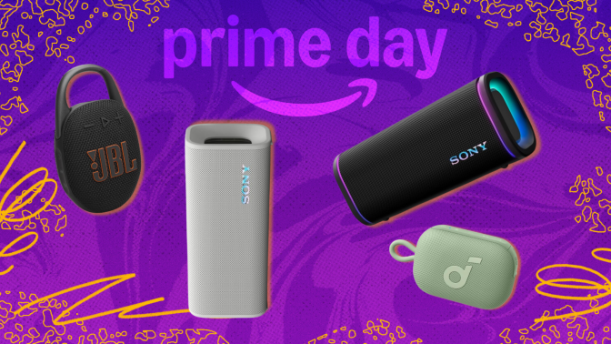 Sony ULT Field 3 and 5, JBL Clip 5, and Anker Soundcore Select Go speakers with purple prime day composite background