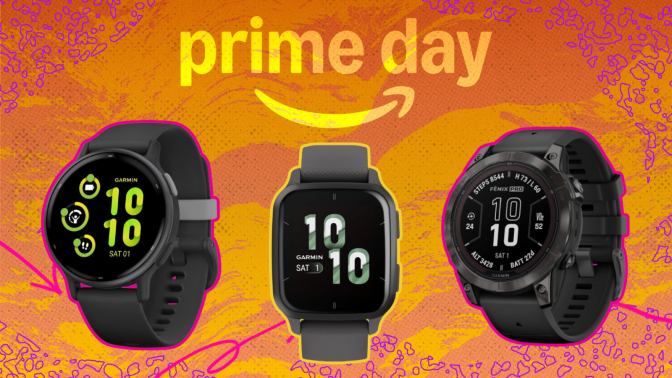 Garmin smartwatches on yellow and pink prime day composite background
