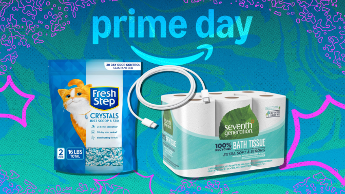 Cat litter, phone charger, and toilet paper arranged on blue and green Prime Day themed background
