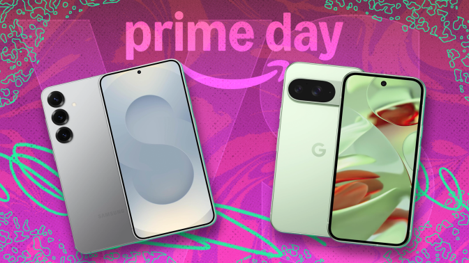a pixel and samsung phone side by side with a pink prime day background