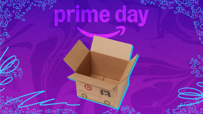 Open Target box on purple and blue Prime Day themed backdrop