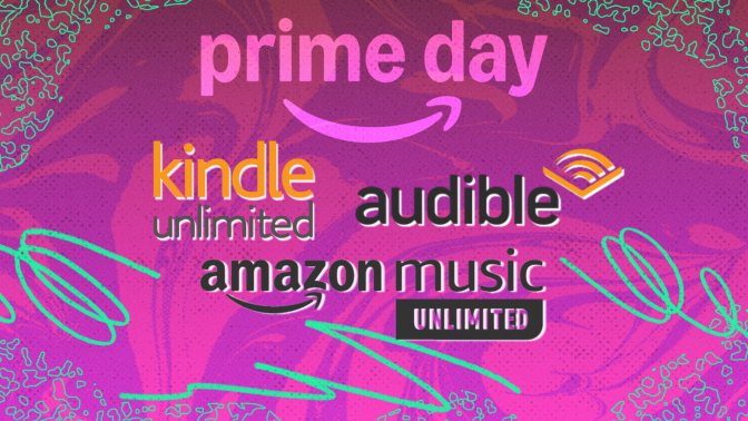 Kindle Unlimited, Amazon Audible, and Amazon Music Unlimited logos on purple Prime Day themed backdrop