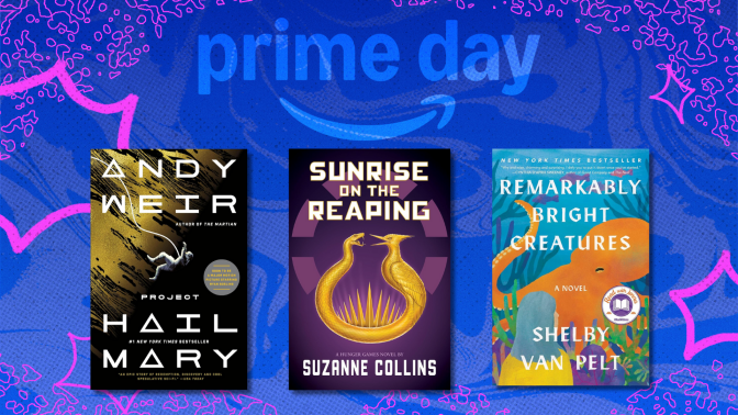 Books on purple and pink Prime Day background