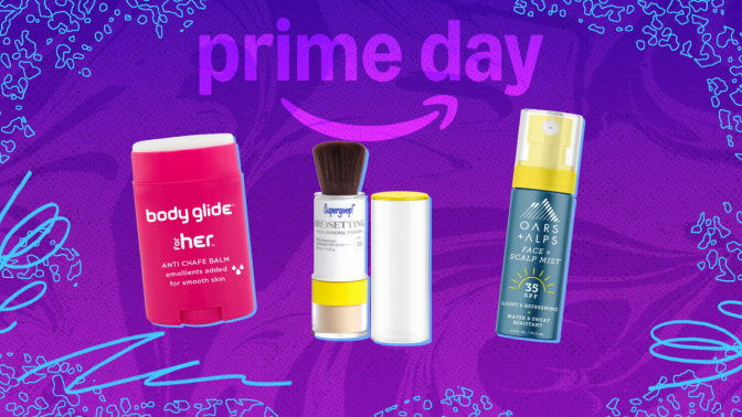 body glide anti chafe balm, supergoop powder sunscreen, and spf scalp spray on purple prime day background