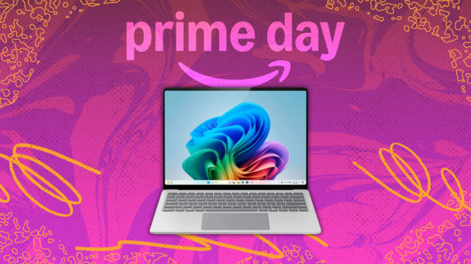 a 13.8-inch microsoft surface laptop 7 against a pink background beneath a prime day logo