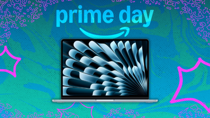 an m4 apple macbook air below the prime day logo against a blue swirly background