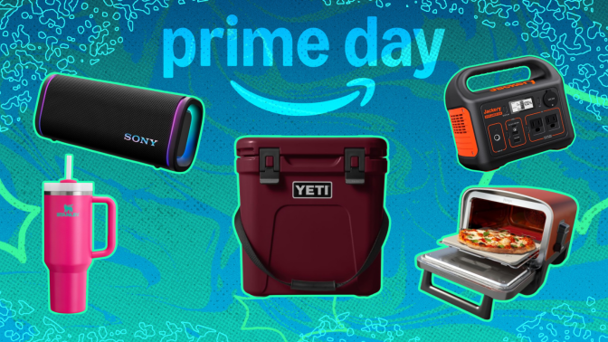 Jackery power station, Yeti cooler, Sony speaker, Stanley cup, and Ninja pizza oven with blue prime day composite background