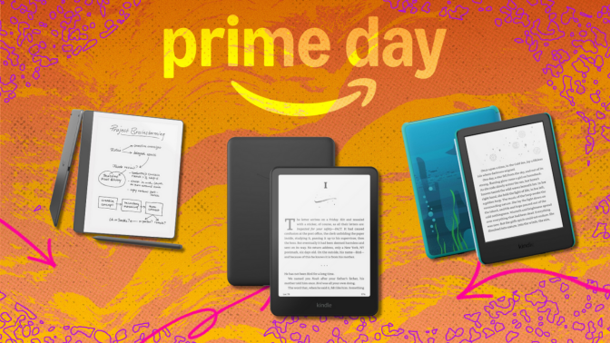 Amazon Kindle devices in front of an orange background