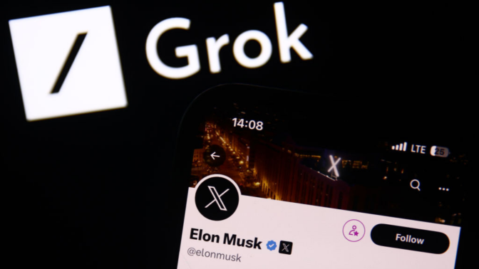 Grok logo displayed on a laptop screen and Elon Musk account on X displayed on a phone screen.