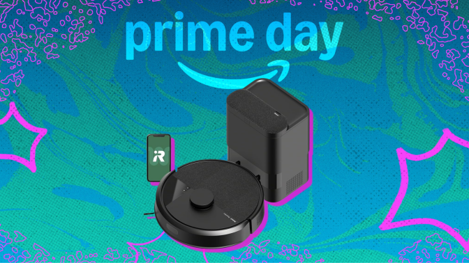 Roomba 105 robot vacuum arranged on swirly blue and green Prime Day themed backdrop