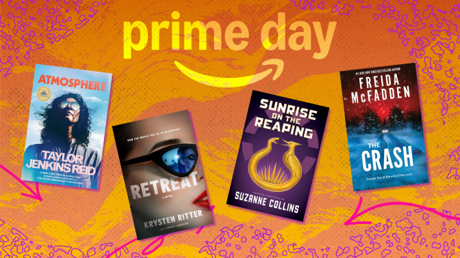 book covers for "Atmosphere," "Sunrise on the Reaping," "Retreat," and "The Crash" with orange prime day composite background