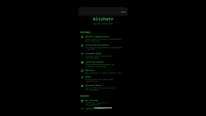 Screenshot of the bitchat app with a black background and green text. 