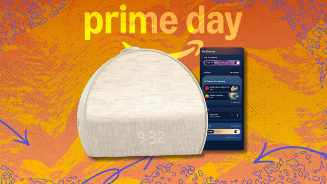 A photo composite of the Hatch Restore 3 alarm clock in a putty color, shown against a stylized orange and yellow Prime Day background. A smartphone displaying the Hatch app is visible next to the clock.