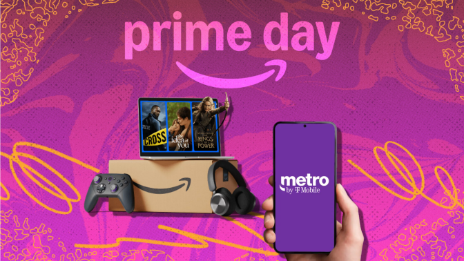 Amazon Prime box and purchases beside hand holding phone with T-Mobile logo on screen, arranged on purple backdrop