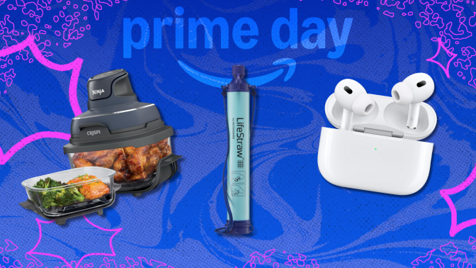 A photo composite of the Ninja Crispi air fryer, a LifeStraw personal water filter, and the Apple AirPods Pro 2 on a stylized blue "Prime Day" background.