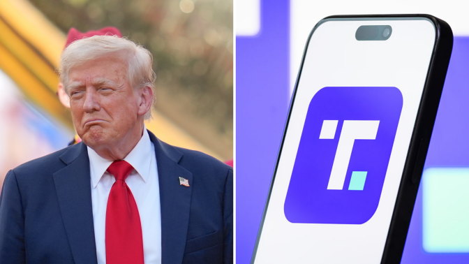 A composite of two images. On the left is U.S. President Donald Trump frowning. On the right is the Truth Social logo on smartphone.