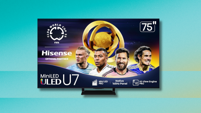 The Hisense U7 75-inch Mini-LED smart TV is shown against a teal background. The screen displays a promotional graphic for the FIFA Club World Cup featuring several soccer players.