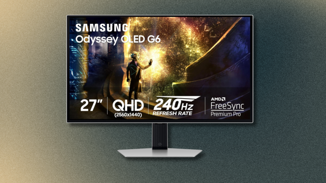 The Samsung Odyssey OLED G6 gaming monitor is shown on its stand against a textured gray background. The screen displays a vibrant gaming scene, with logos indicating its 27-inch QHD display, 240Hz refresh rate, and FreeSync Premium Pro technology.